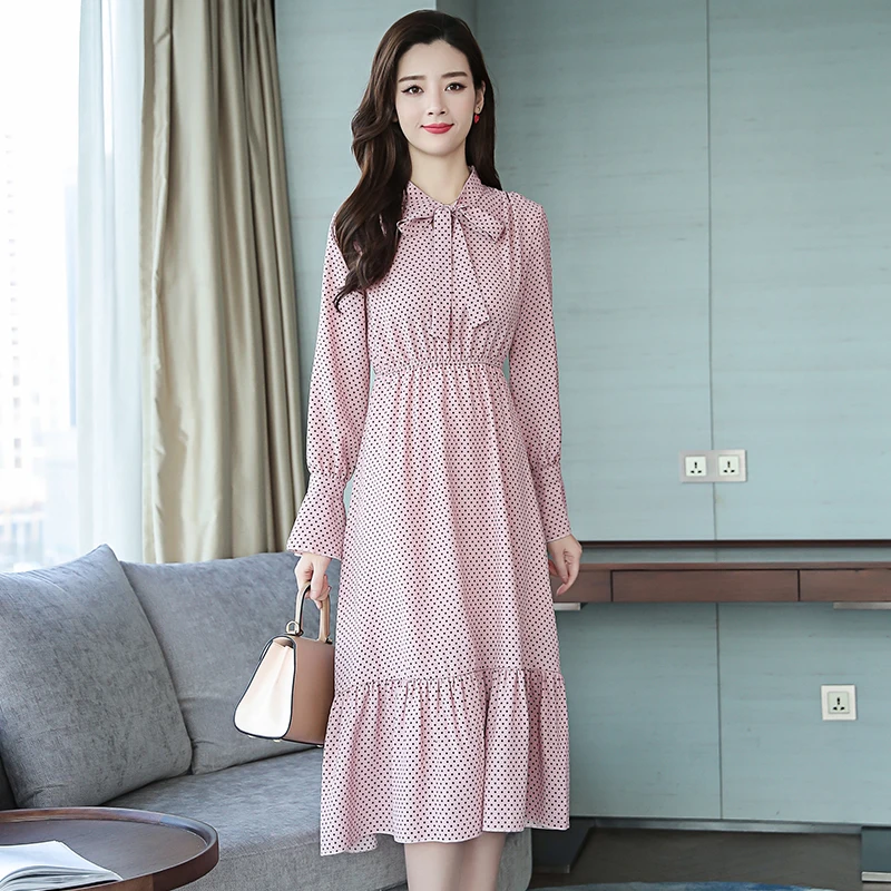 2019 новая весенняя модная женская одежда в горошек с бантом платье