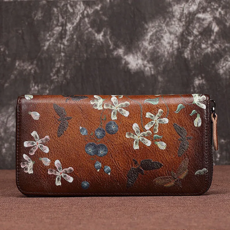 Vintage brown Женские кошельки с принтом стрекозы, кожаный женский длинный кошелек с молнией, Большая вместительная Мобильная Сумка, Ретро кошелек из натуральной кожи - Цвет: Vintage brown