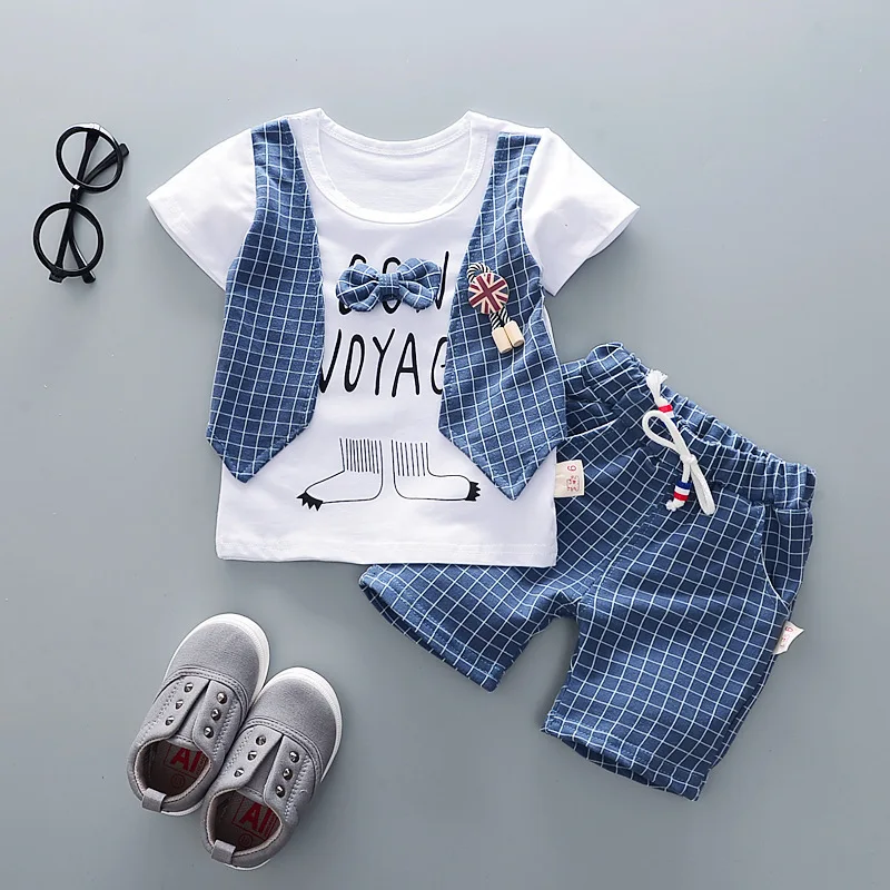 Летние комплекты одежды для маленьких мальчиков 2022 футболка с галстуком в клетку