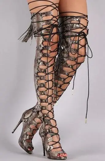 Пикантные высококачественные сапоги выше колена на шнуровке с принтом женские