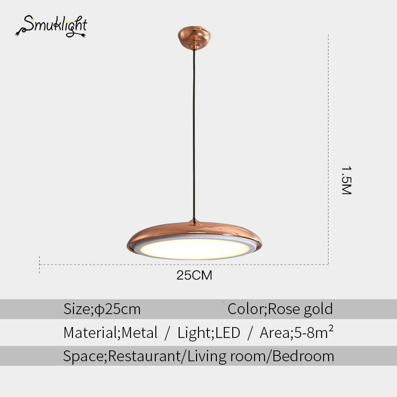 Rose gold 25cm Modern nordic LED Pendant lamp Art Design metal iron Acrylic suspension Round Plate light RC Dimmer creative thin hanging Lamp - Цвет корпуса: Rose gold 25cm