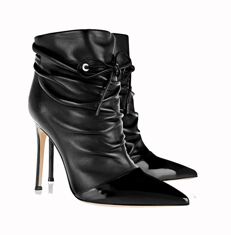 Женские ботинки 2017 Черные ботильоны на шнуровке с острым носком напуском большие