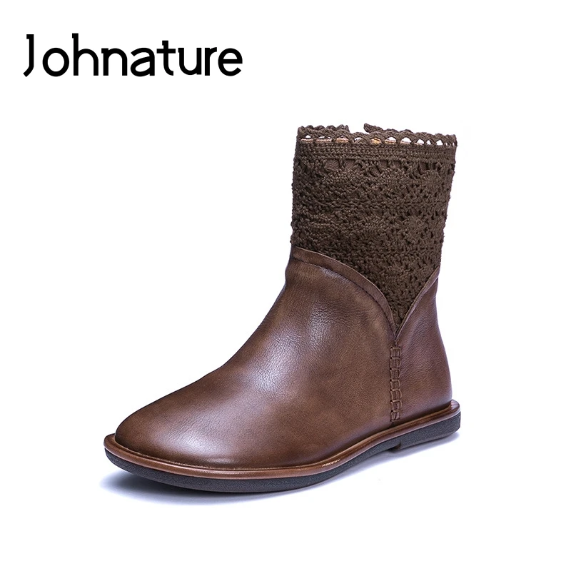 Женские кожаные ботинки в стиле ретро Johnature мартинсы ручной работы с круглым