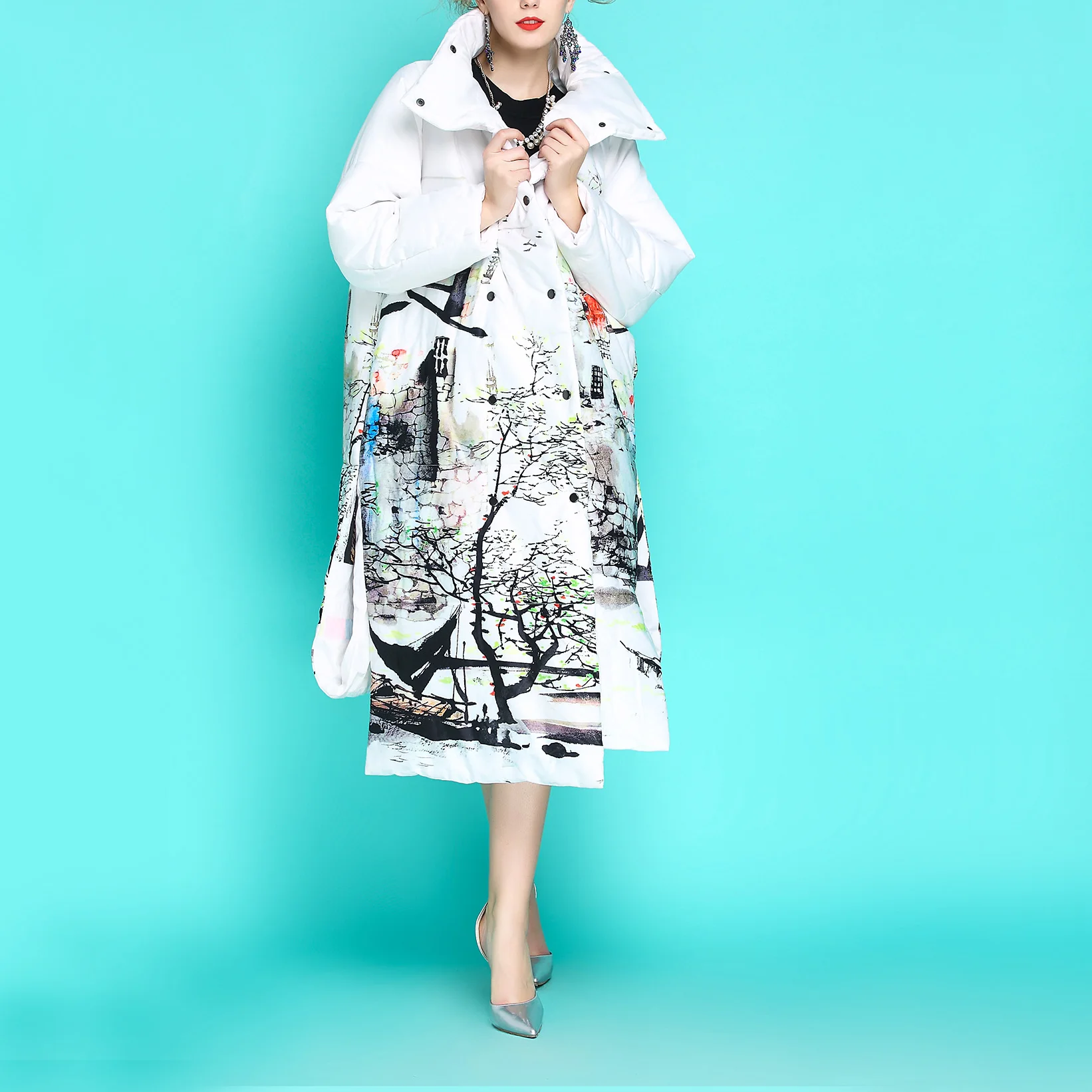 Brand New Luxurious Women's Winter Down Jackets White Vertical Collar Ink Printing Cotton Down Thickened Loose Large Size Parkas