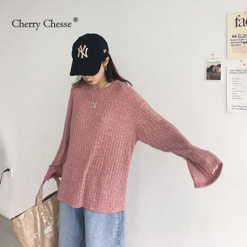 Cherry Chesse Harajuku Для женщин трикотажная футболка с длинными рукавами и круглым
