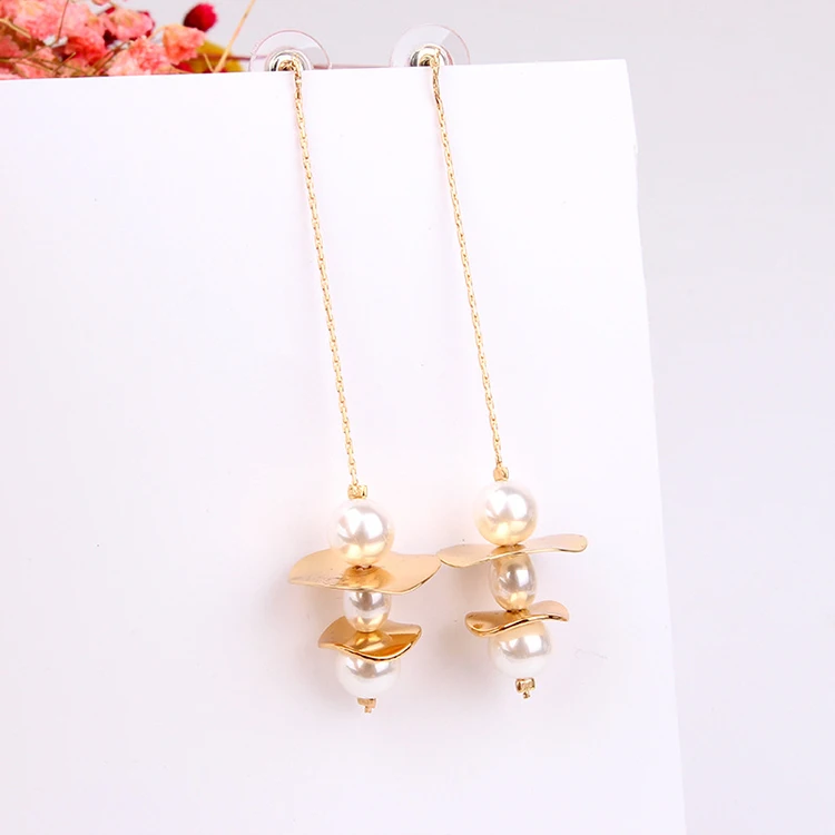Korean Luxury Pearl Dangle Drop Earrings Statement Geometric Gold Metal Long Tassel for Women Jewelry Accesorios Mujer | Украшения и