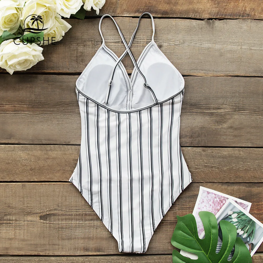 CUPSHE в Вертикальную Полоску с принтом Цельный купальник сексуальный v образный