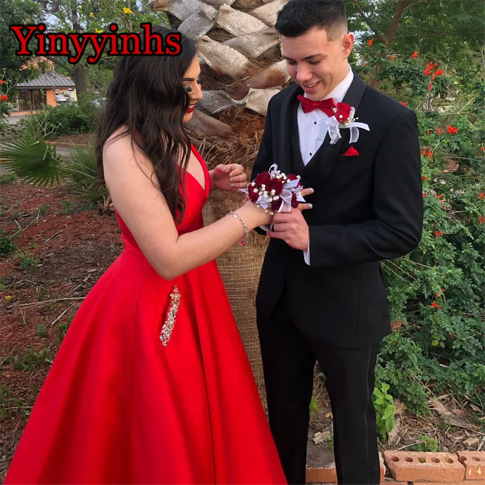 Vestido De Festa 2020 Sexy A-line V neck Prom Dresses Long Beaded Formal Evening Gowns Party Dress with Pockets Custom Made | Свадьбы и