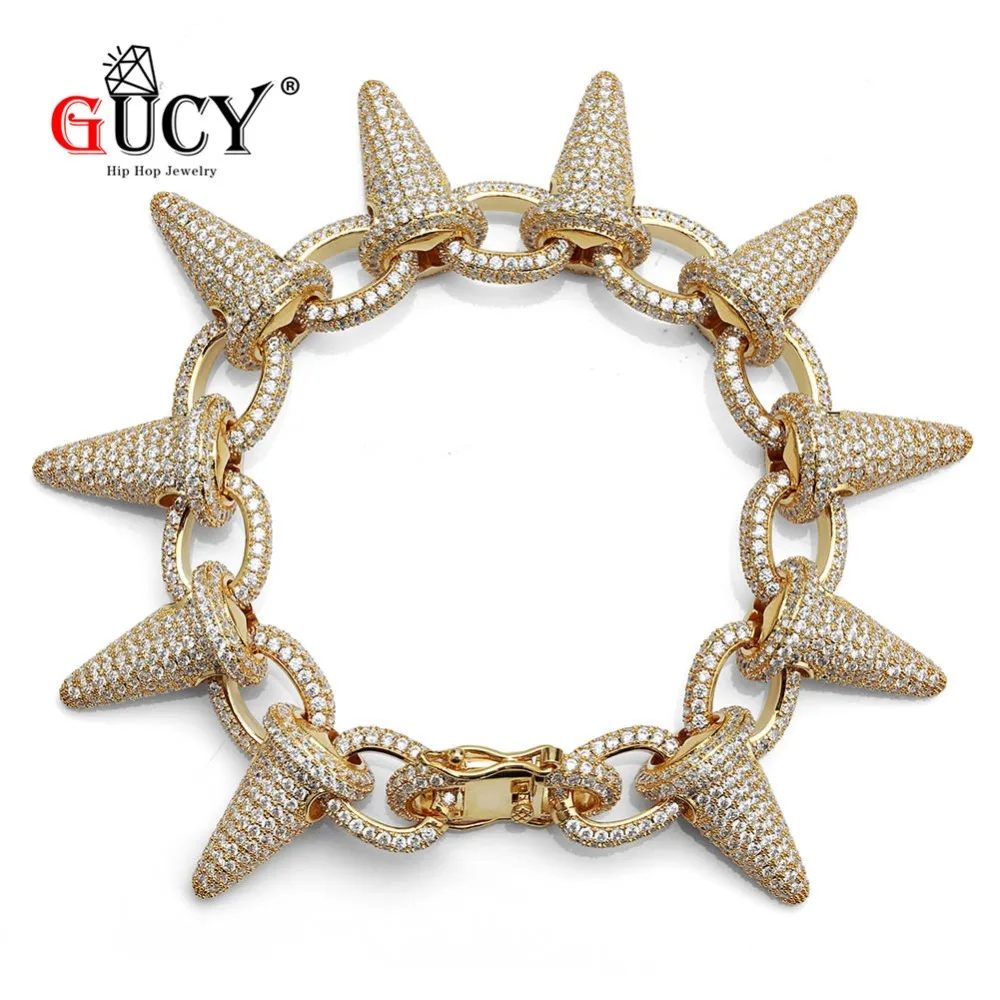 

GUCY Iced Out Heavy Punk Rivet Hip Hop Bracelet Bling Cubic Zircon Men's Charm Spikes Bracelets Gold Silver Color Christmas Gift