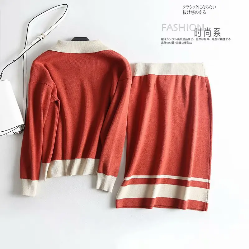 

2018 New Women Turn-down Collar Button Long Sleeve Knit Sweater + High Waist Hit Color Pencil Skirts 2 Piece Sets