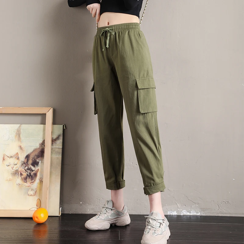 

2019 Fashion Woman Pants Women Cargo Elastic High Waist Pants Loose Ankle Length Trousers Joggers Female Sweatpants Punk Style