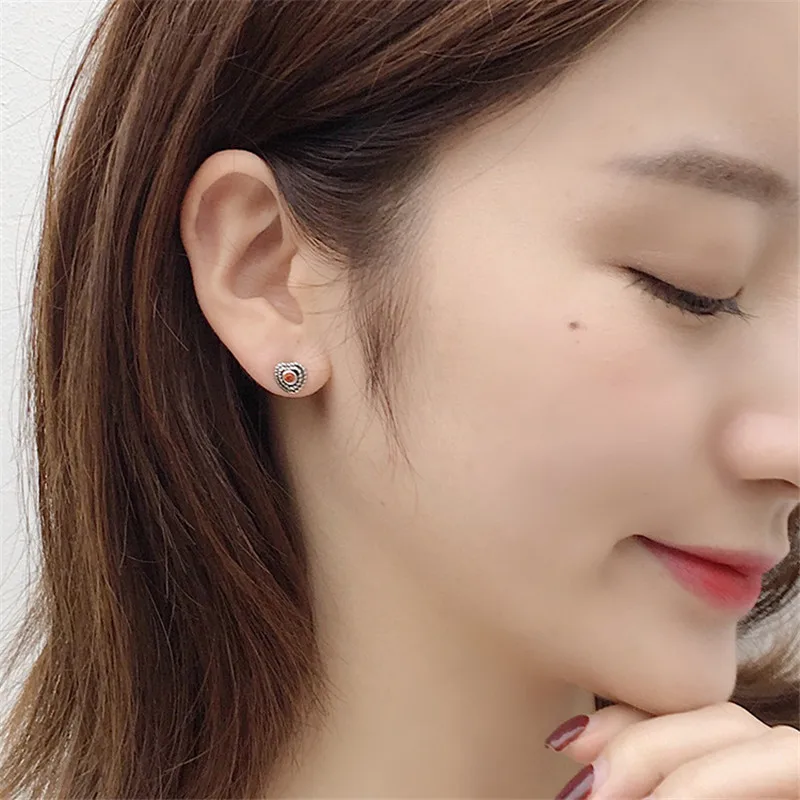 BUDONG Vintage Rope Winding Heart Stud Earrings for Women 925 Sterling Silver Wire Red Zircon Gothic Earring Jewelry LHE0054 | Украшения и
