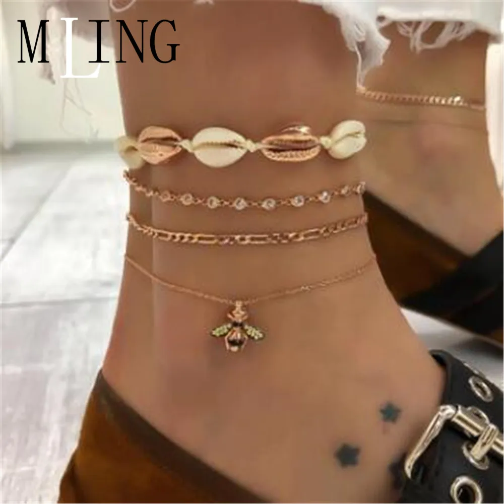 Многослойный женский браслет на лодыжку MLING в богемном стиле с кристаллами и