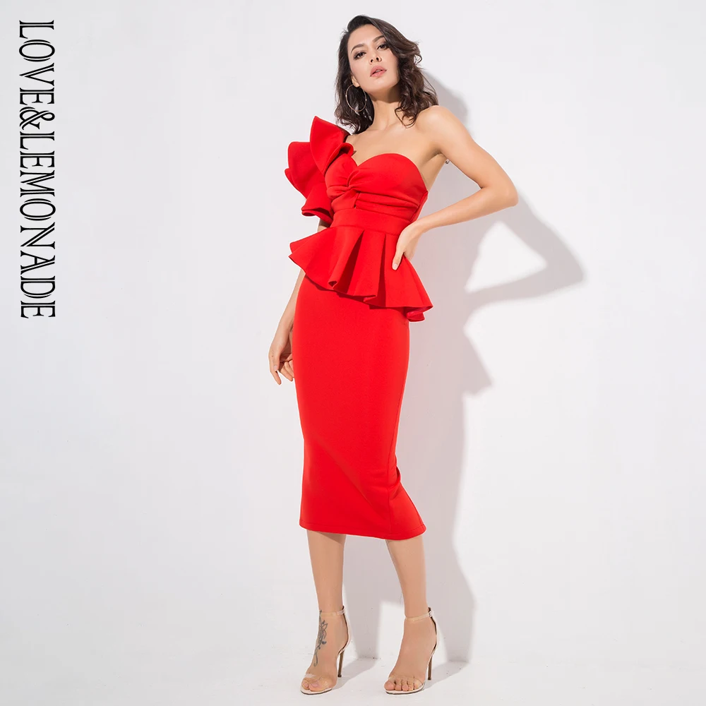 Женский костюм двойка LOVE & LEMONADE красный облегающий на одно плечо с оборками