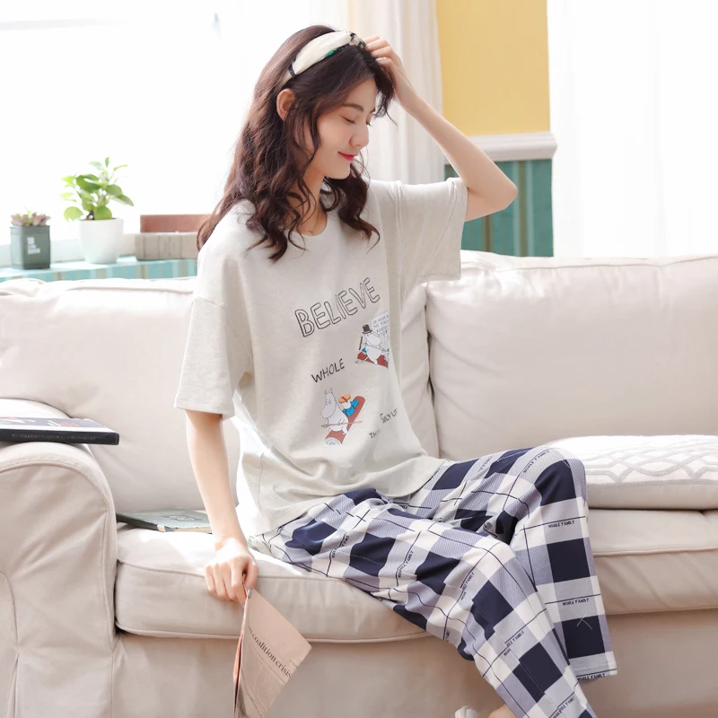 

Newest Women 100% Cotton Pajamas Sets Summer Pyjamas Short Sleeve Long Pants Sleepwear Home Clothing