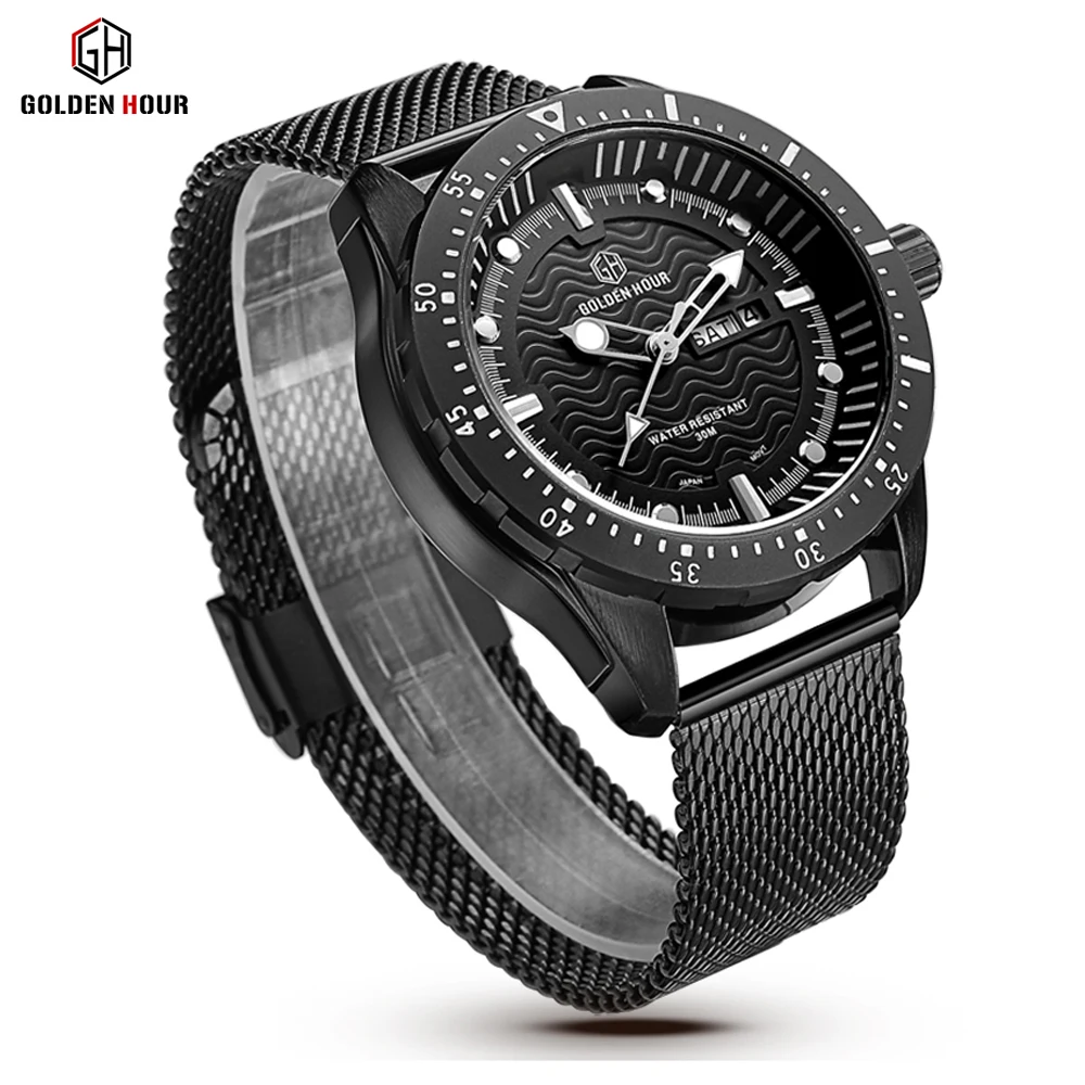 Мужские наручные часы Reloj Hombre GOLDENHOUR бизнес браслет с сеткой водонепроницаемые