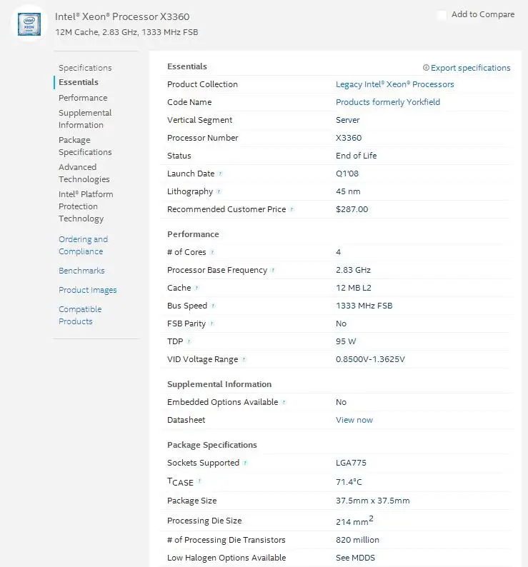 Процессор Intel Xeon X3360 4 ядра 2,83 ГГц LGA 775 95 Вт 12 м Кэш ЦП сервера поштучно