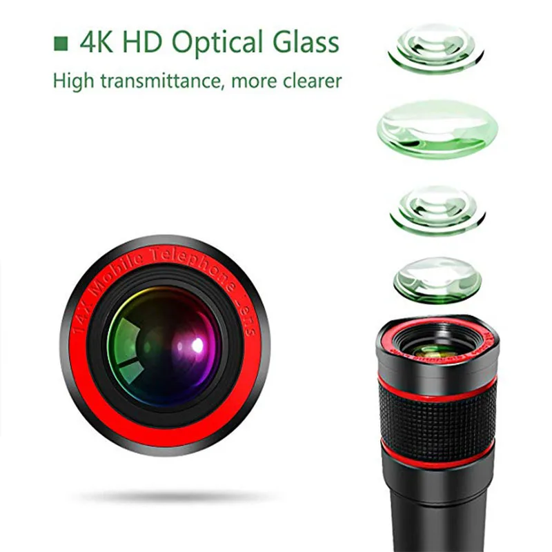Объектив камеры мобильного телефона 14X Zoom 4K HD телеобъектив для телефона монокулярный телескоп камера с универсальным зажимом для всех смартфонов