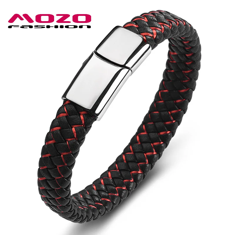 SY154-R Mozo Fashion подвеска плетеный кожаный браслет мужские браслеты ручной работы Мода Нержавеющая сталь застежка мужской браслет на запястье - Окраска металла: SY154-R