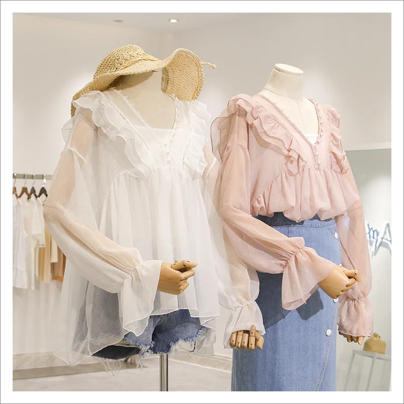 LARCI Chiffon Perspective Shirt Ruffles Design Blouse 2018 Spring New Long Flare Sleeve Tops Woman Sexy V-neck Shirts ON862C |