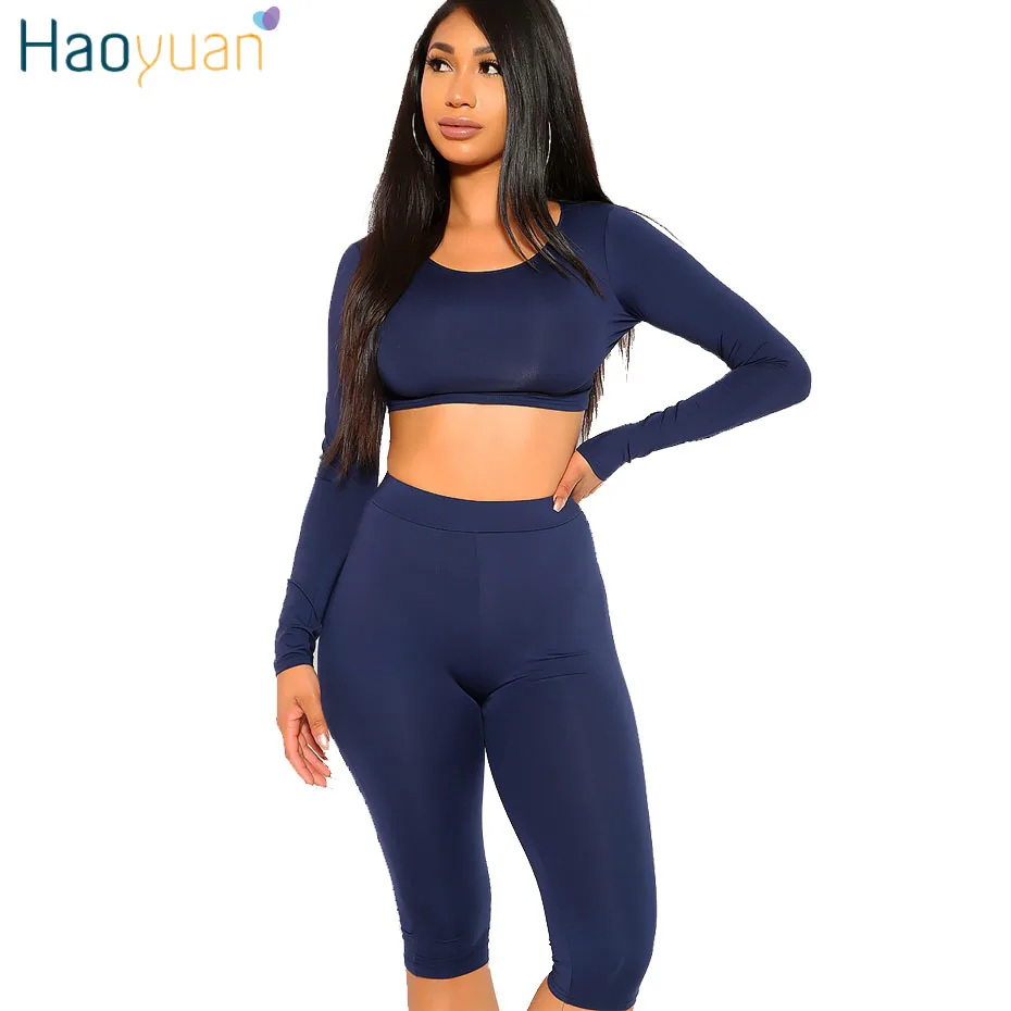 HAOYUAN/комплект из двух предметов; Спортивный костюм; женская одежда; укороченные топы и байкерские шорты; спортивные костюмы; пикантные Клубные комплекты из 2 предметов