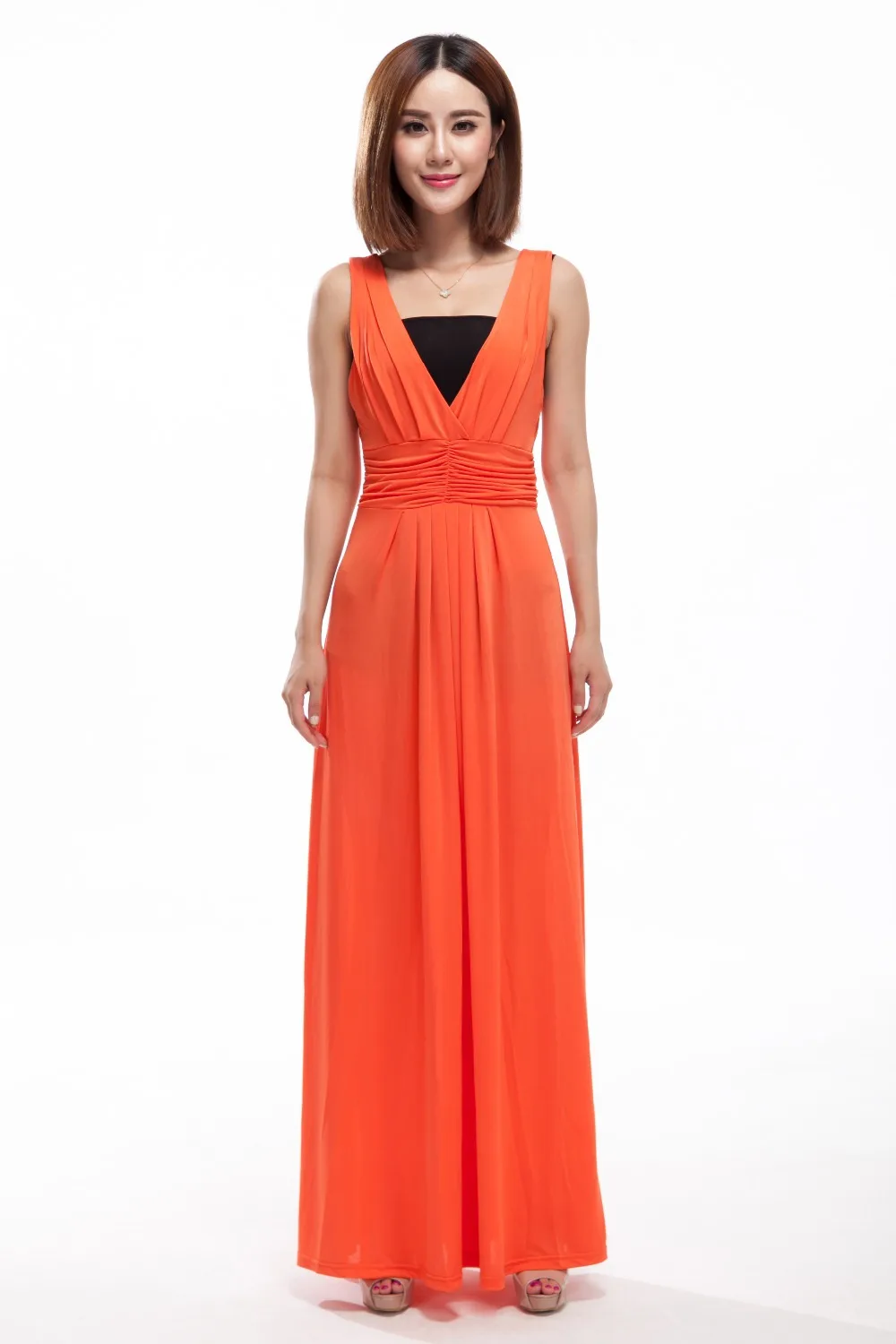 Женское длинное платье с V образным вырезом оранжевое синее черное большого