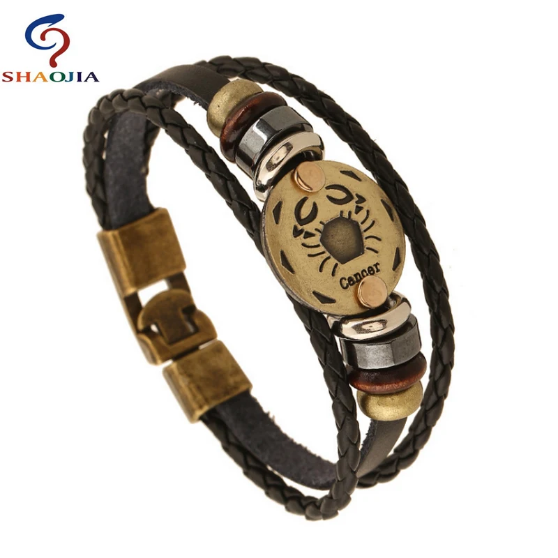 Мужской кожаный браслет из натуральной кожи с раком и созвездием|bangle jewelry|leather
