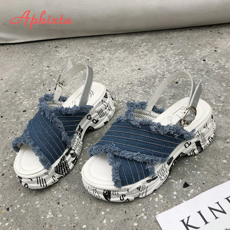 Aphixta Platform Sandals Women Wedge Heels Shoes Buckle Denim Jean Summer Zapatos Mujer Canvas Slippers Woman Sandal | Обувь