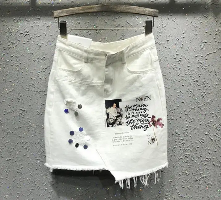 Джинсовая юбка женская 2019 летняя новая мода отверстие Блестки Белый Высокий