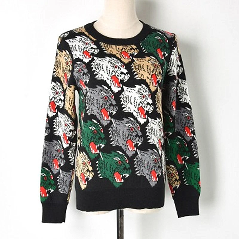 2018 New European And American Style Multicolor Tiger Head Knitted Sweater Straight Round Neck Female Thick Section | Женская одежда