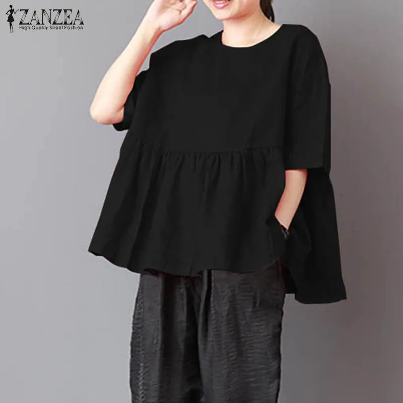 Plus Size ZANZEA Women O Neck Pleated Short Sleeve Tops Loose Baggy Blusas Solid Summer Cotton Linen Blouse Work OL Shirt 2018 |