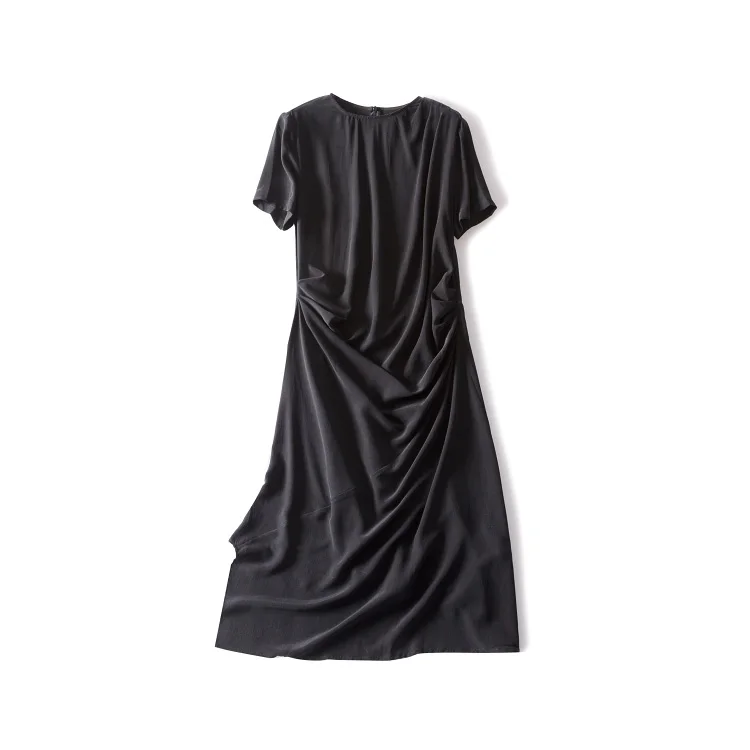 Женское офисное платье однотонное из натурального шелка и крепа с коротким