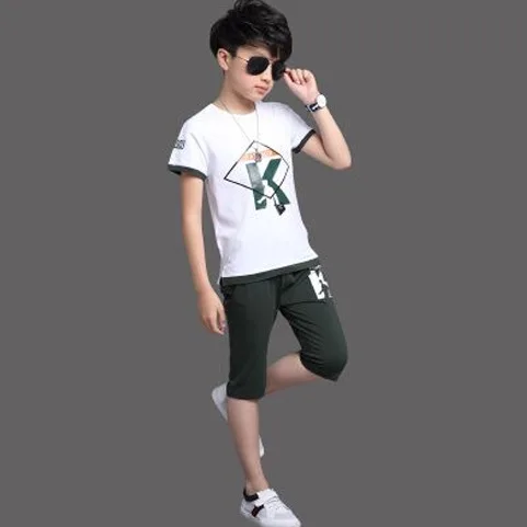 2019 New Summer Cotton Short Sleeve The Letter Printing T Shirt +pant Boys Two-piece of Large Children's Sport Suit 4-12Ages |