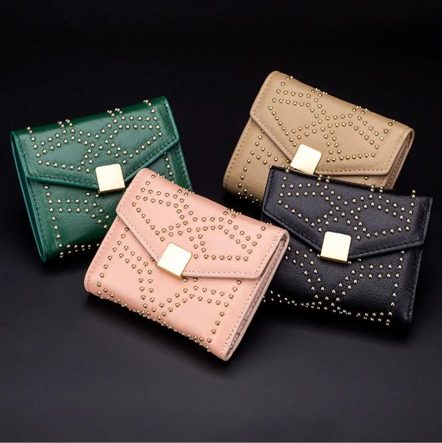 Кошелек женский из натуральной кожи с застежкой черный розовый зеленый