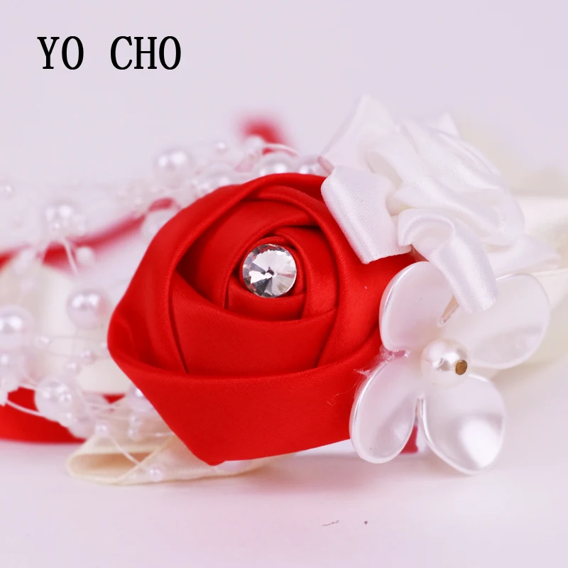 

YO CHO Fashion Delicate Red And White Rose With Pearl Wrist Flowers Silk Lace PE Foam Artificial Brides Bridesmaid Wrist Flower