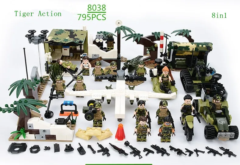 8В1 gudi военный конструктор 795 шт Tiger Action War ракетные солдатики армейский автомобиль фигурки оружие грузовик автомобиль Танк детская игрушка