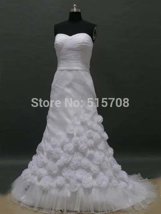 

Real Photo Wedding Dresses Sweetheart Sleeveless Lace Up In Back Sweep Train With Flowers Church Garden A Line Bridal Dress