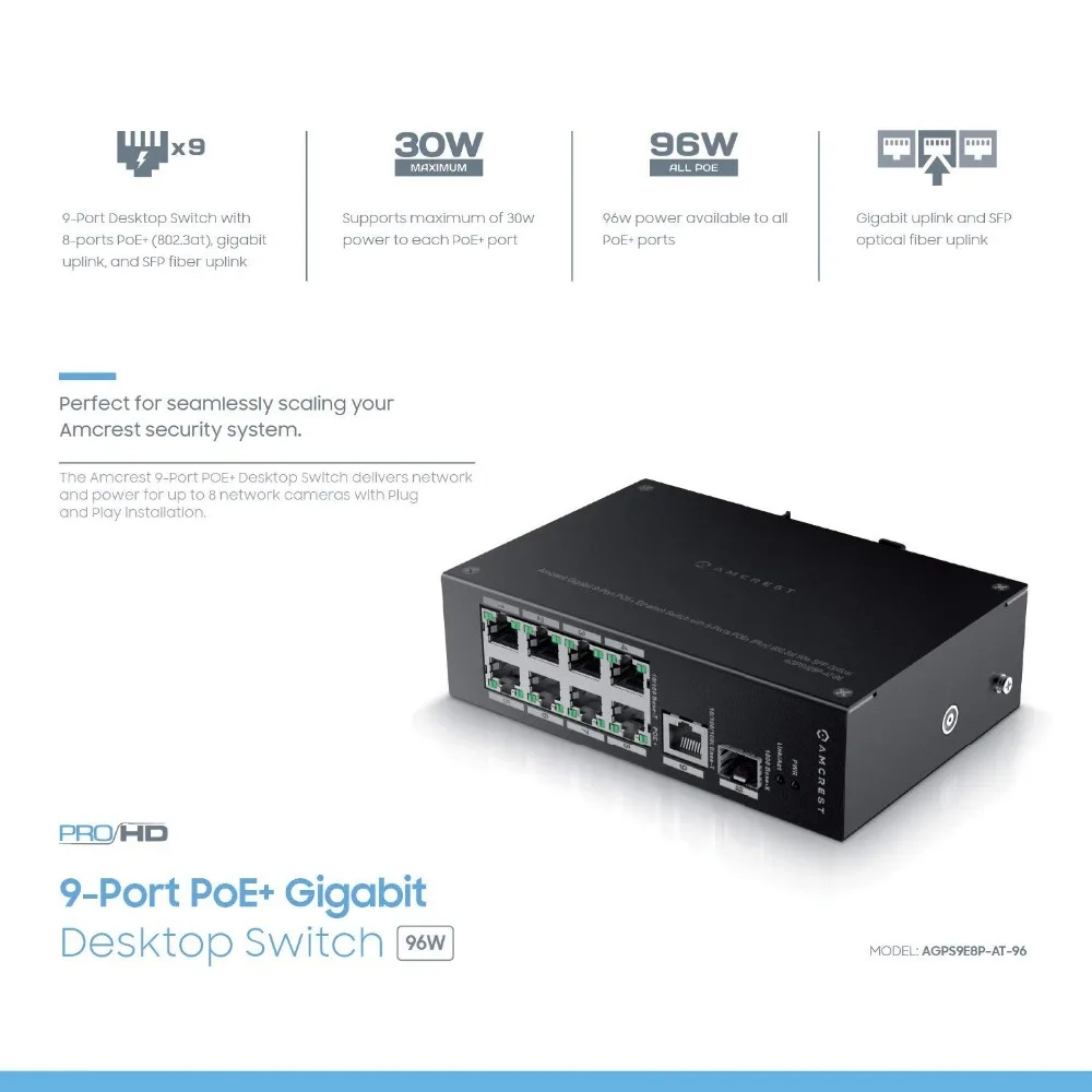 JYTTEK Gigabit Uplink 9 портовый коммутатор POE + Ethernet с металлическим корпусом 8 (Plus) 802.3at 96w SFP