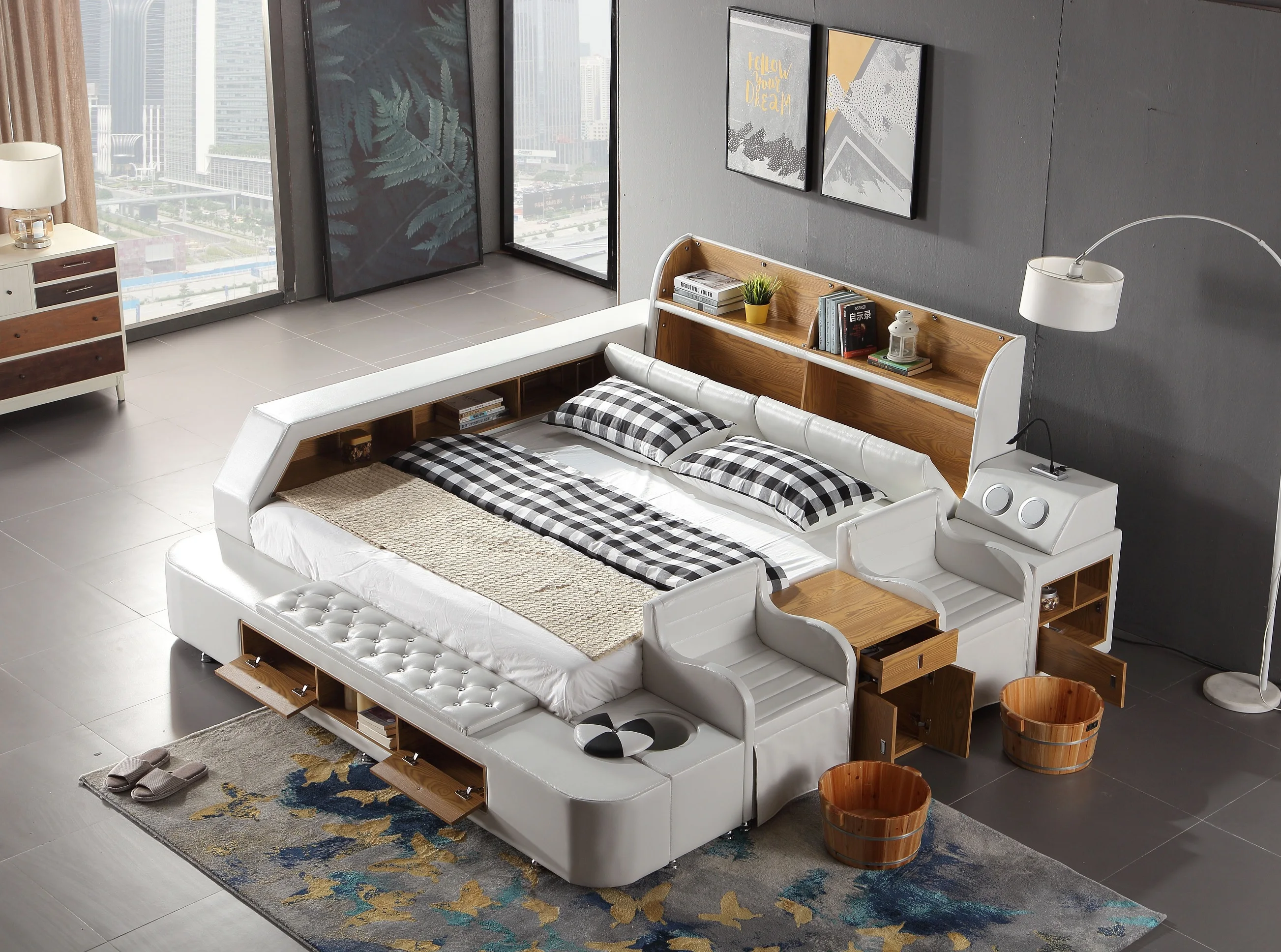 Глобальная Горячая интеллектуальная мебель многофункциональная натуральная кожа умная кровать с диваном и детской кроваткой
