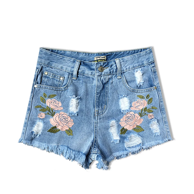 Fashion Embroidery Ripped Denim Shorts Floral High Waist Jeans Short Femme Frayed Hole for Women Plus Size Summer | Женская одежда
