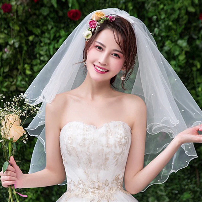 Двухслойная короткая свадебная фата цвета слоновой кости 2019 с жемчугом для