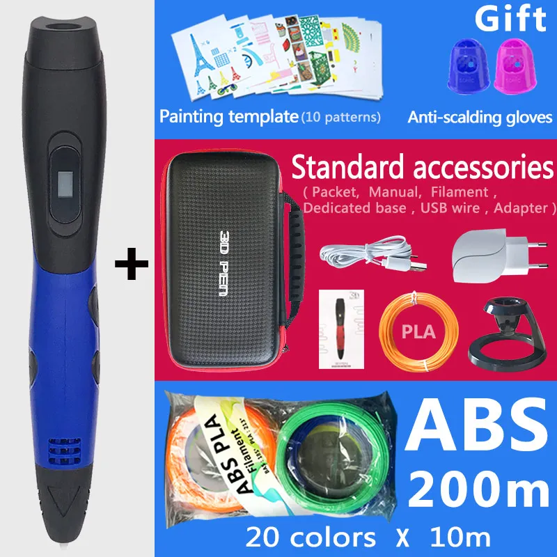 Blue pen 200m ABS 3d Ручка 3d ручки, подарок на год для детей подарок на день рождения Рождество, 3 d Ручка 3d модель, творческий 3d печать Ручка, 1,75 мм ABS/PLA нити - Цвет: Blue pen 200m ABS