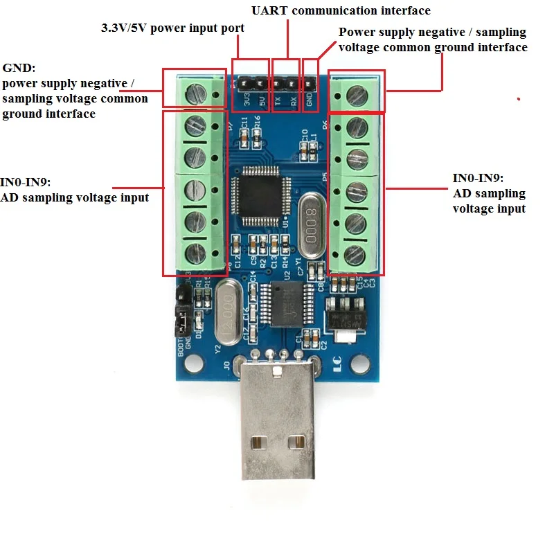 USB 10-канальный 12-битный AD Модуль сбора данных STM32 UART ADC модуль Однопортовый вход |