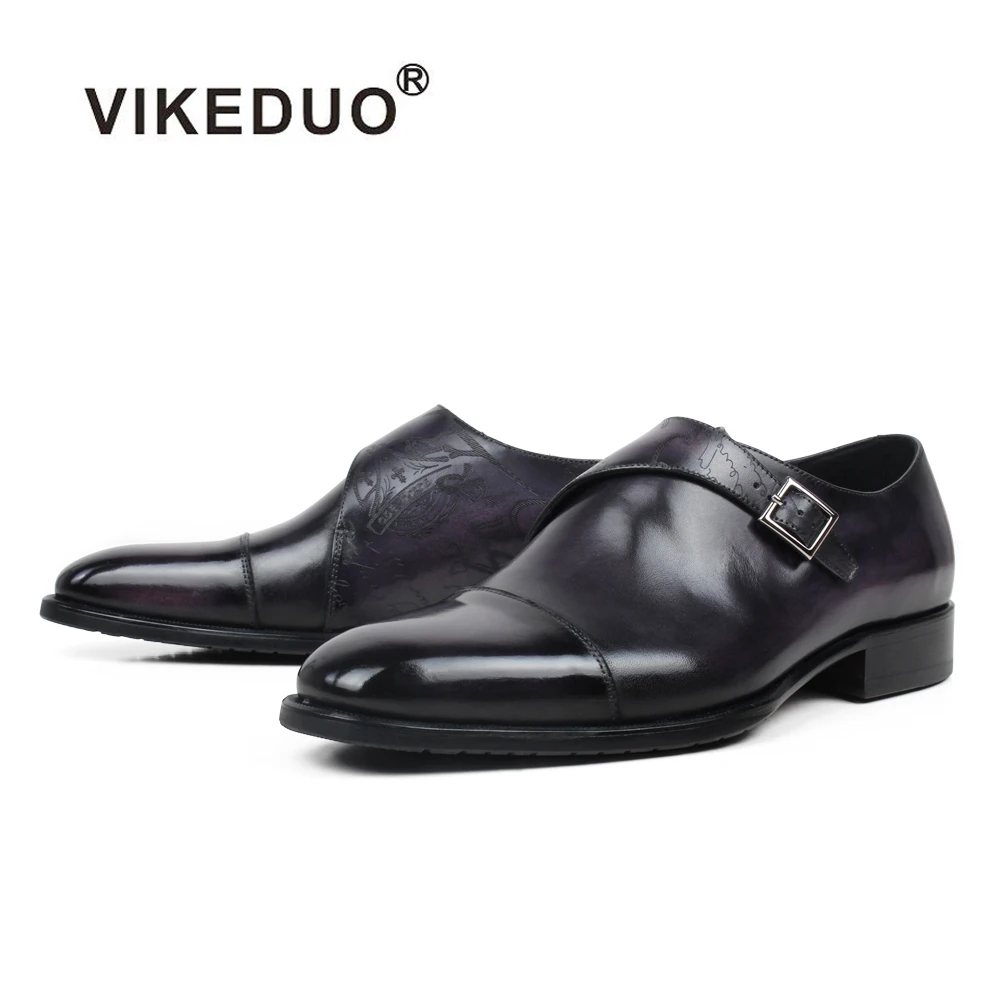 

VIKEDUO Letter Engraving Monk Strap Shoes Men's Genuine Leather Patina Shoes Wedding Formal Dress Shoes Driving Footwear Zapatos