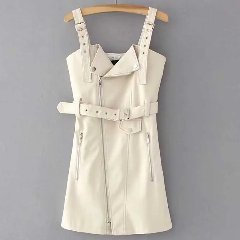 White HEE GRAND/ модное крутое платье из искусственной кожи; повседневное мини-платье на молнии; однотонное джинсовое короткое платье с поясом; цвет черный, синий; WQD749 - Цвет: White