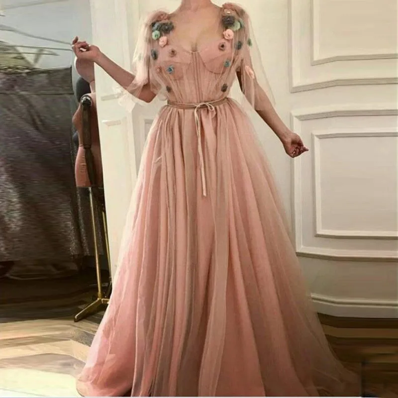 Бледно-розовый Вечеринка платье цветочный 3D скромное, на выпускной; Gown Robe de soiree Abendkleider трапециевидной формы элегантные вечерние платья с аппликацией на заказ
