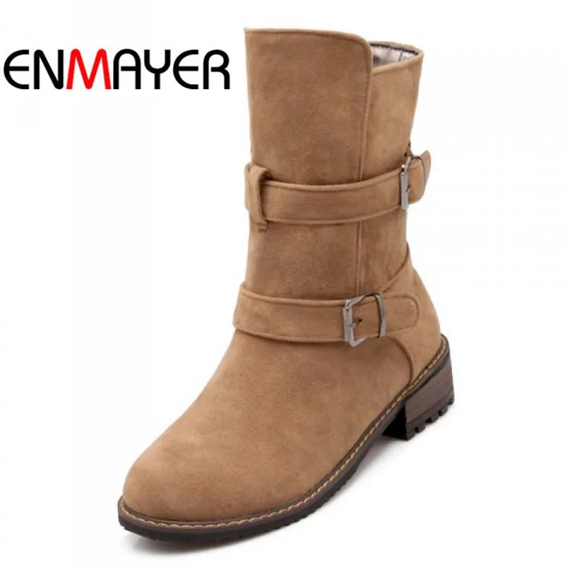 Ботинки Женщин Круглого Toe Пряжка Мотоцикл сапоги Для Стадо Мед Зимние Круглый