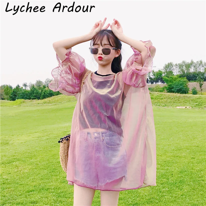 Lychee Ardour Сетчатая футболка с рюшами сексуальная майка Прозрачная Футболка