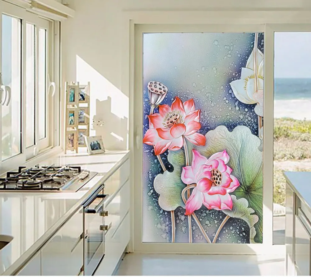 

Custom Size Chinese Style Window Film Lotus,Opaque Stained Windows Glass Films, Stickers For Door Bathroom Restaurant Kitchen