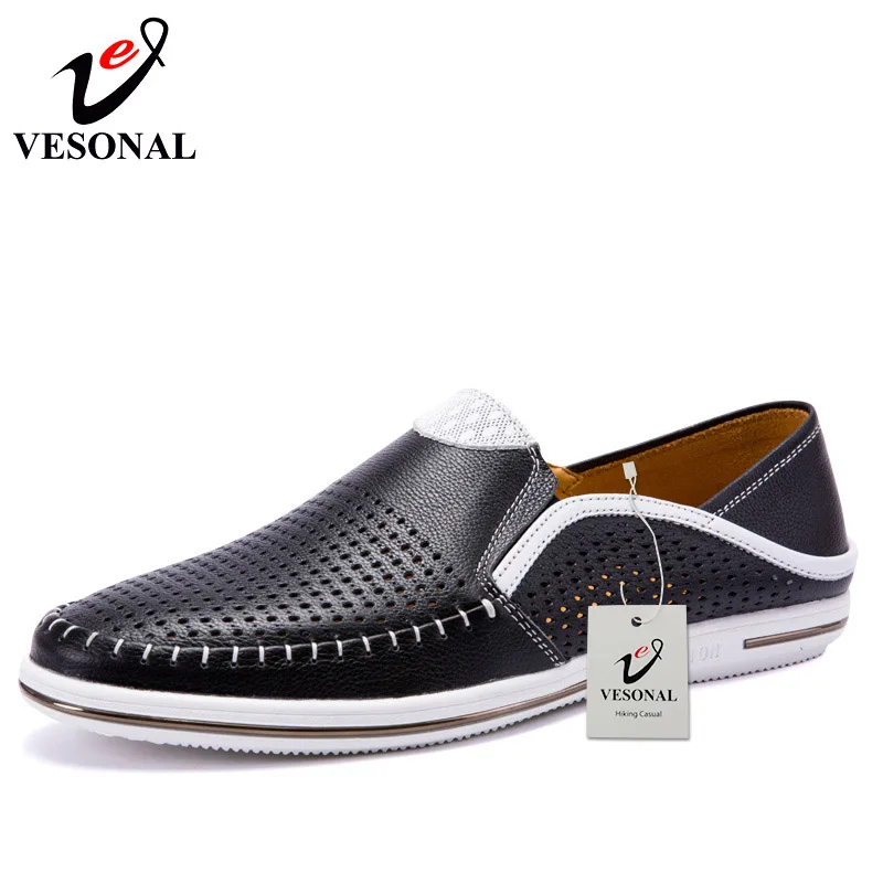 VESONAL Summer Hollow Out Breathable Genuine Leather Casual Male Shoes For Men Adult Loafers Slip On Sneakers Driving Moccasins | Обувь
